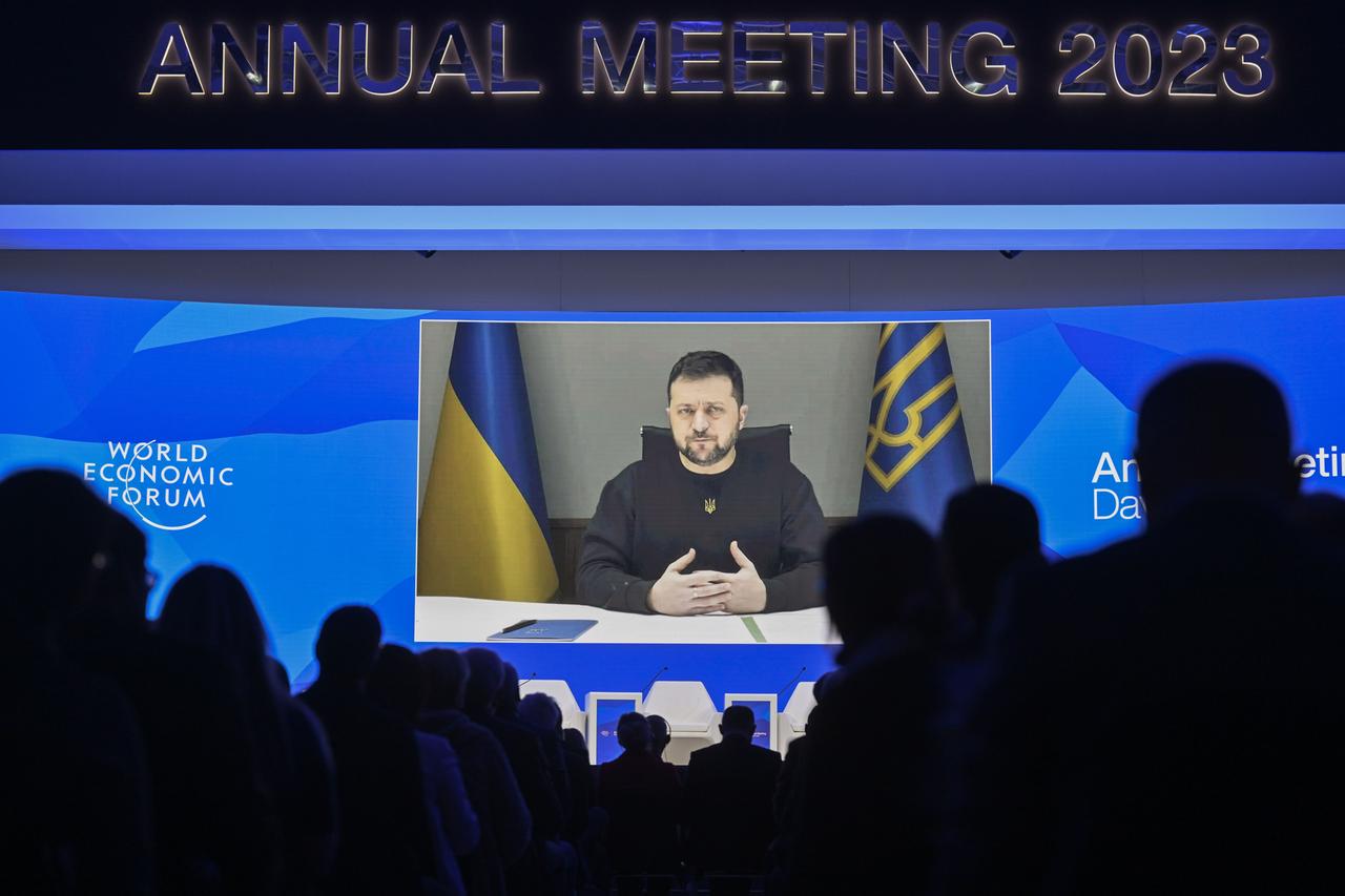 Wolodymyr Selenskyj hält eine Rede per Videokonferenz während des 53. Weltwirtschaftsforums.