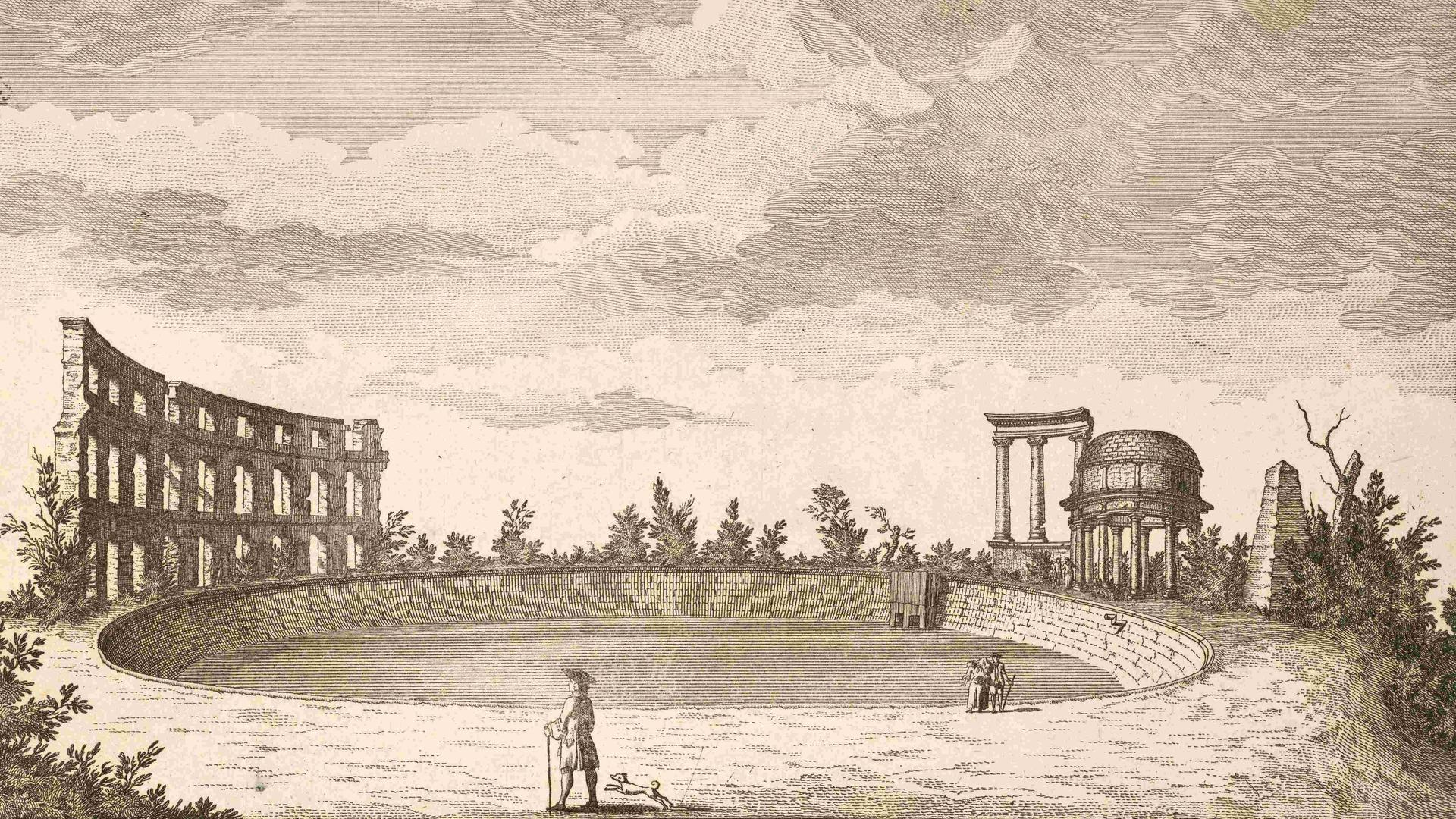 Bassin und Ruinen auf einem Hügel gegenüber Sanssouci, Potsdam, um 1880, digital restaurierte Reproduktion von einer Illustration aus dem 19. Jahrhundert, genaues Datum unbekannt.