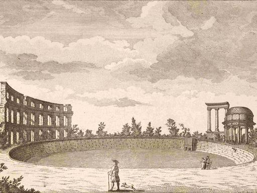 Bassin und Ruinen auf einem Hügel gegenüber Sanssouci, Potsdam, um 1880, digital restaurierte Reproduktion von einer Illustration aus dem 19. Jahrhundert, genaues Datum unbekannt.