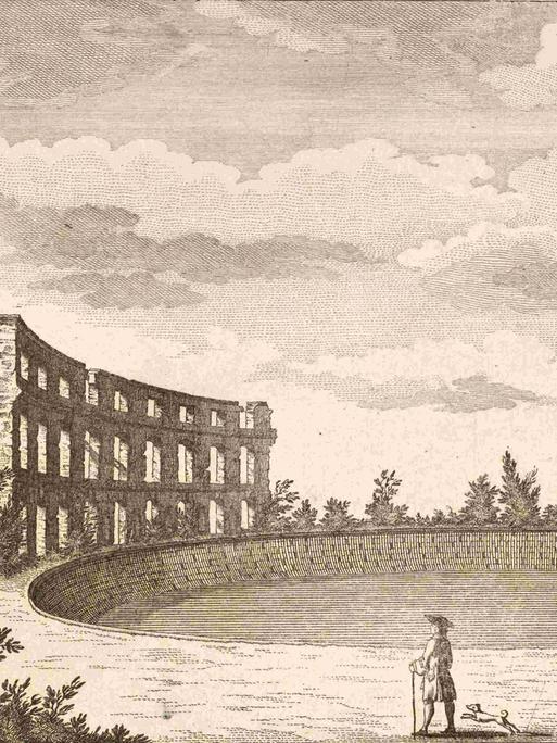 Bassin und Ruinen auf einem Hügel gegenüber Sanssouci, Potsdam, um 1880, digital restaurierte Reproduktion von einer Illustration aus dem 19. Jahrhundert, genaues Datum unbekannt.