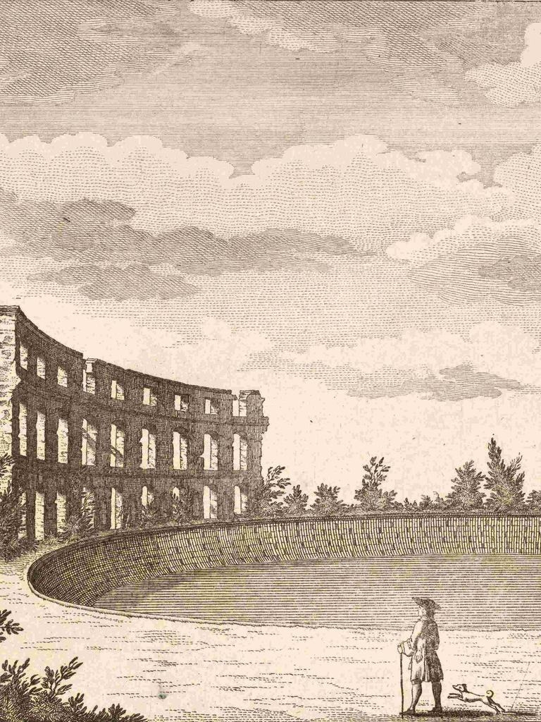 Bassin und Ruinen auf einem Hügel gegenüber Sanssouci, Potsdam, um 1880, digital restaurierte Reproduktion von einer Illustration aus dem 19. Jahrhundert, genaues Datum unbekannt.