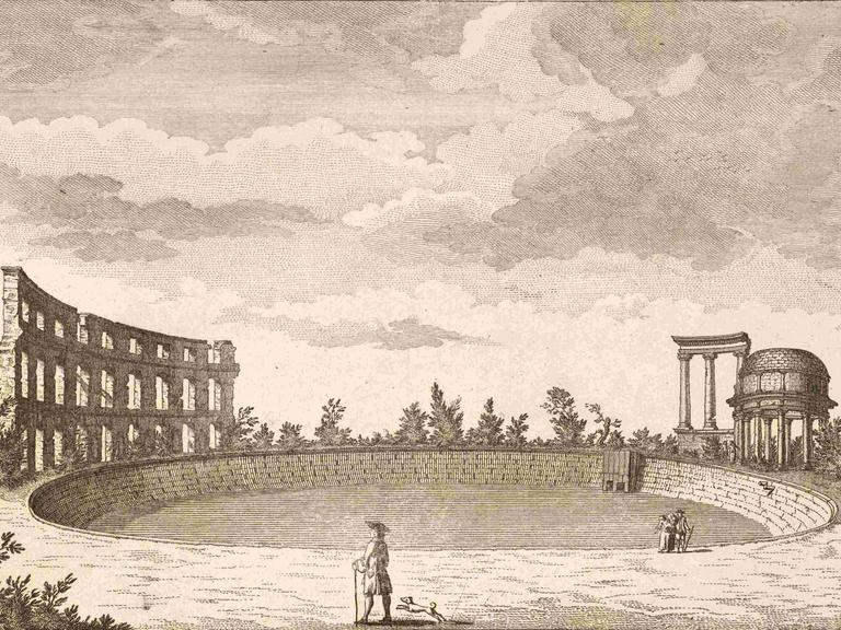 Bassin und Ruinen auf einem Hügel gegenüber Sanssouci, Potsdam, um 1880, digital restaurierte Reproduktion von einer Illustration aus dem 19. Jahrhundert, genaues Datum unbekannt.