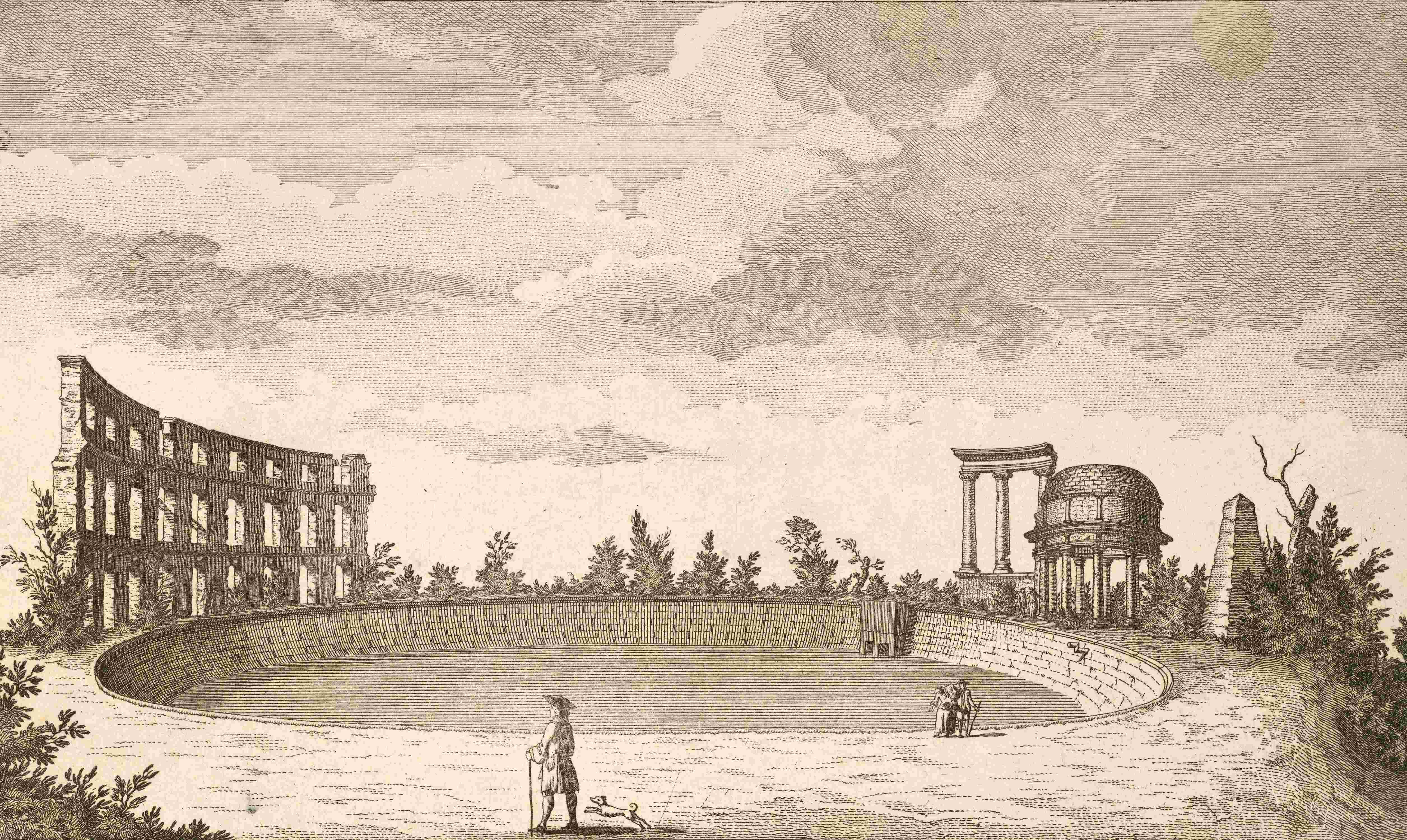 Bassin und Ruinen auf einem Hügel gegenüber Sanssouci, Potsdam, um 1880, digital restaurierte Reproduktion von einer Illustration aus dem 19. Jahrhundert, genaues Datum unbekannt.