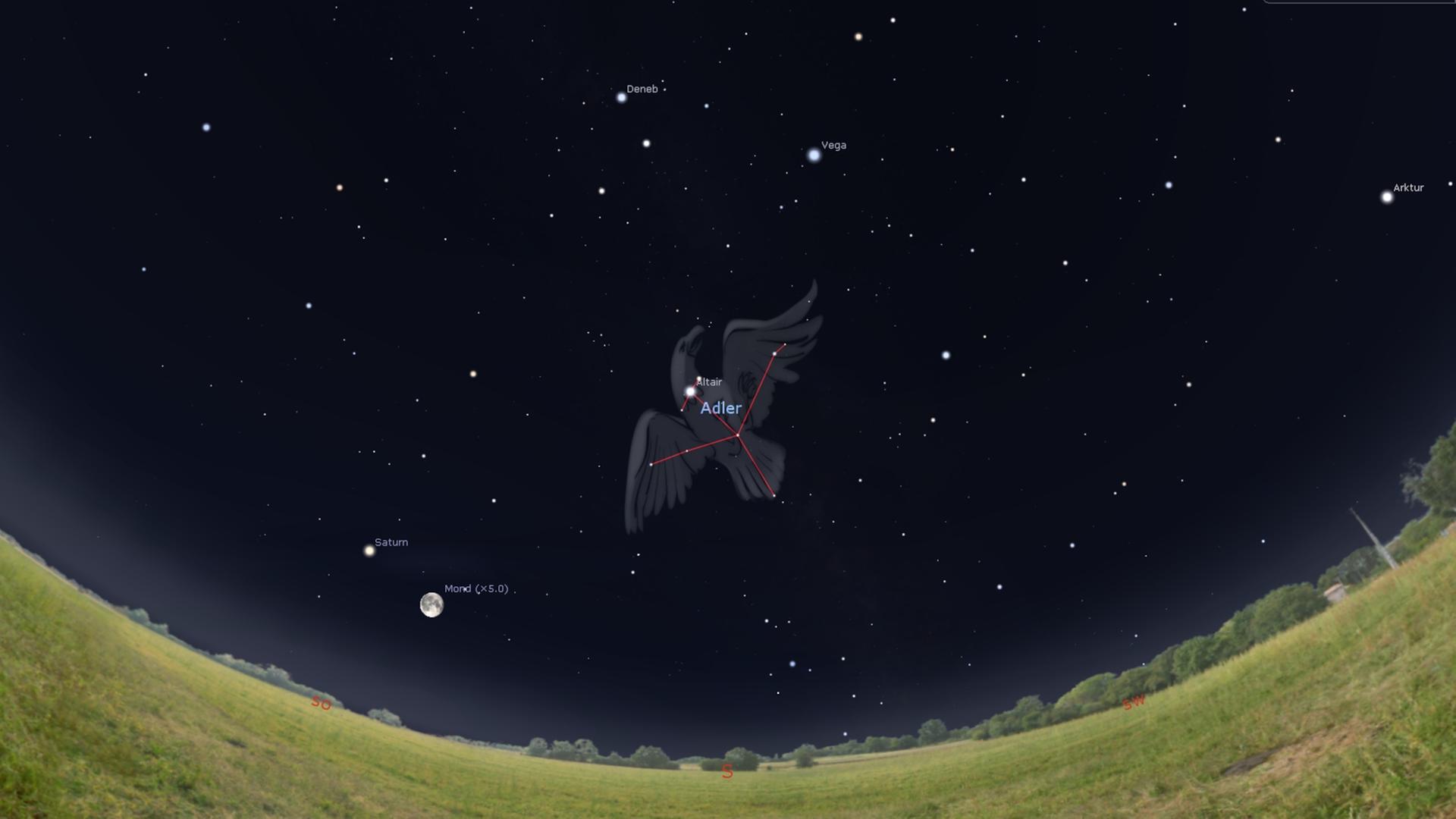 Am 02. August 2023 ziehen gegen Mitternacht  im Südosten Saturn und der Mond die Blicke auf sich – ein Stück rechts oberhalb zeigt sich der Adler.

