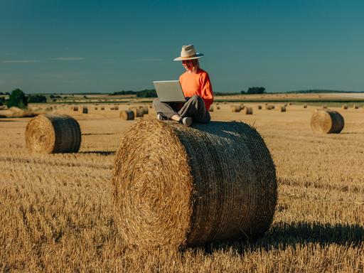 Eine Frau sitzt mit überkreuzten Beinen auf einem Heuballen auf einem Feld und benutzt einen Laptop.