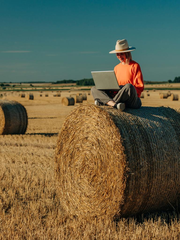 Eine Frau sitzt mit überkreuzten Beinen auf einem Heuballen auf einem Feld und benutzt einen Laptop.
