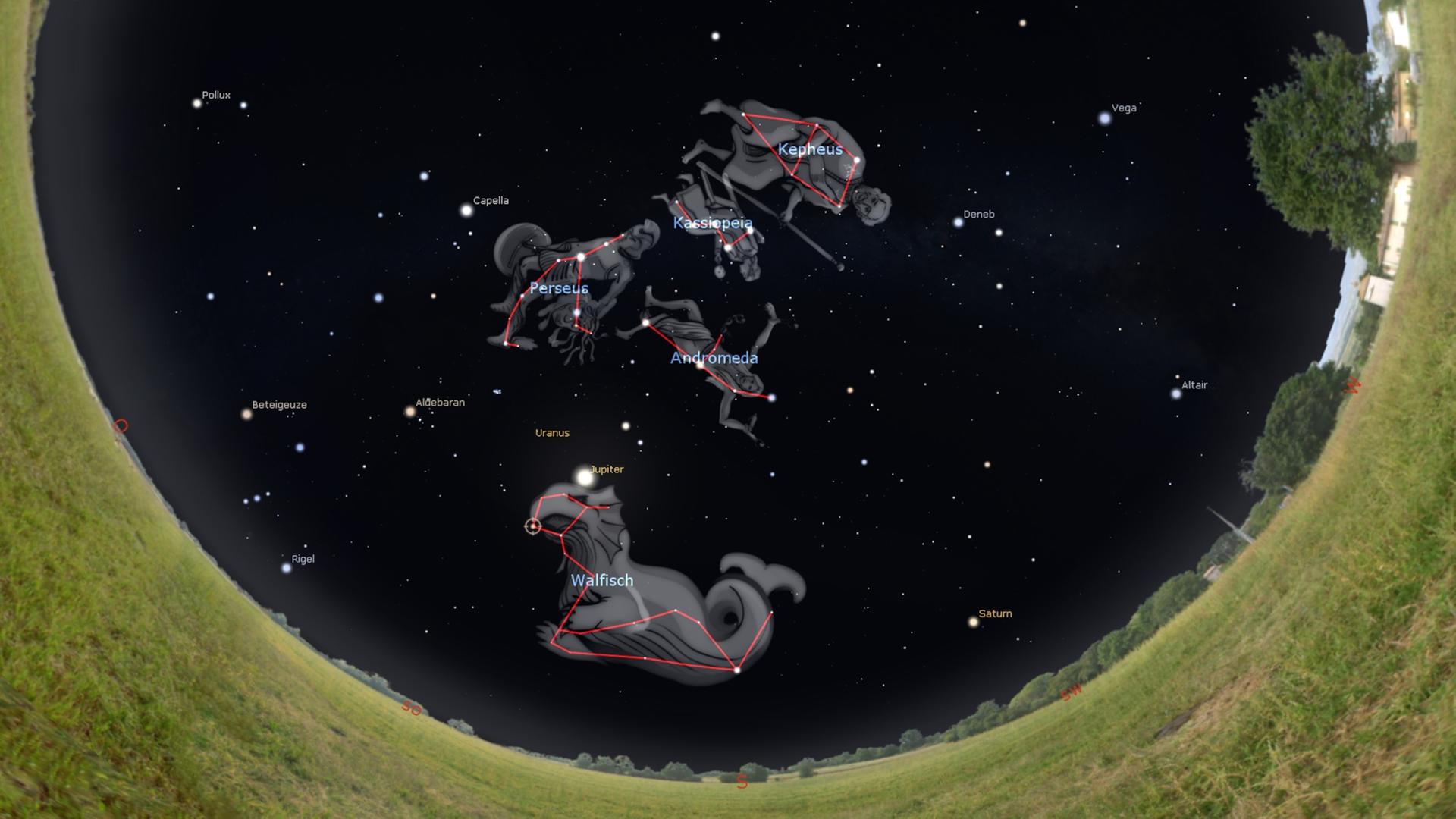 Der Südhimmel gegen 22 Uhr: Die Sternbilder Kepheus, Kassiopeia, Perseus, Andromeda und Walfisch. 