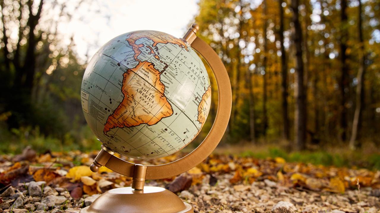 Ein Globus steht in einem herbslichen Wald. 