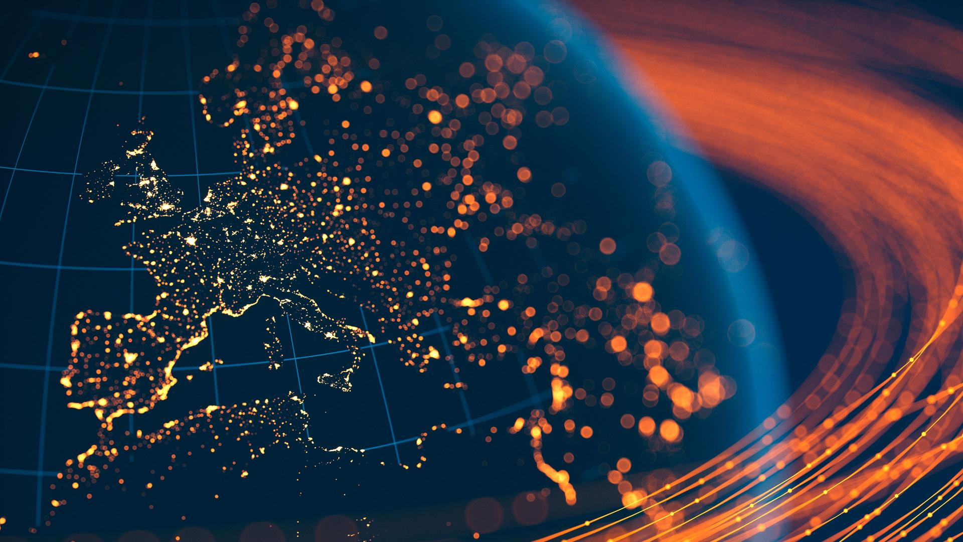 Visualisierung eines Globus im All. Auf der Weltkugel werden die Konturen der Kontinente als Lichtpunkte dargestellt. Der Fokus liegt auf Europa.