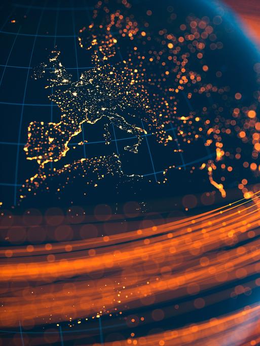 Visualisierung eines Globus im All. Auf der Weltkugel werden die Konturen der Kontinente als Lichtpunkte dargestellt. Der Fokus liegt auf Europa.