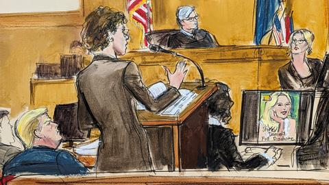 Zeichnung von Stormy Daniels bei ihrer Aussage gegen Donald Trump