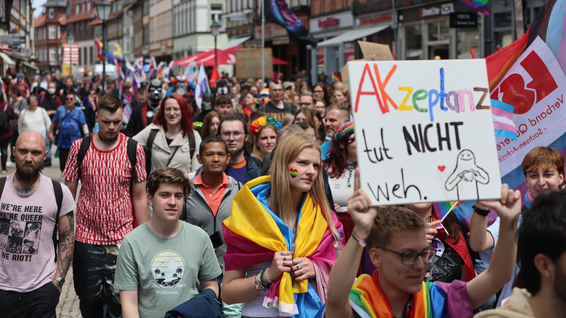 Teilnehmer des Christopher Street Day (CSD) ziehen mit Fahnen und einem bunten Plakat mit der Aufschrift "Akzeptanz tut nicht weh" durch die Stadt Wernigerode. Teilnehmer des Christopher Street Day (CSD) ziehen mit Fahnen und einem bunten Plakat mit der Aufschrift "Akzeptanz tut nicht weh" durch die Stadt Wernigerode.