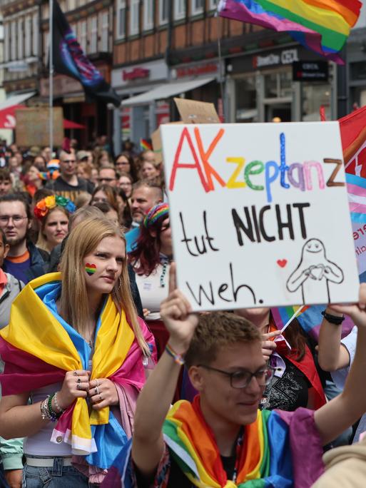 Teilnehmer des Christopher Street Day (CSD) ziehen mit Fahnen und einem bunten Plakat mit der Aufschrift "Akzeptanz tut nicht weh" durch die Stadt Wernigerode.