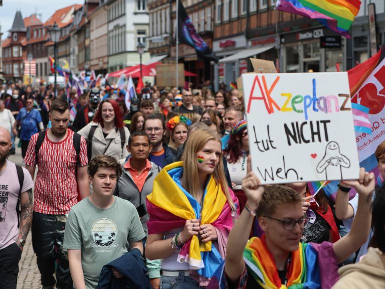 Teilnehmer des Christopher Street Day (CSD) ziehen mit Fahnen und einem bunten Plakat mit der Aufschrift "Akzeptanz tut nicht weh" durch die Stadt Wernigerode.