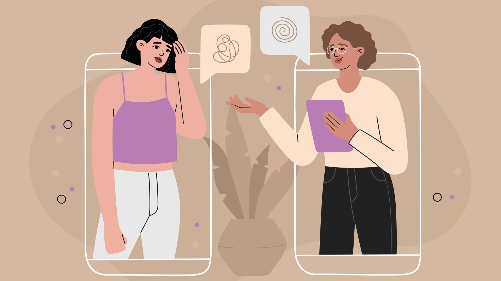 Illustration einer Frau, die bei einer Therapeutin Rat sucht. Beide sind jeweils vom Umriss eines Smartphones umgeben.