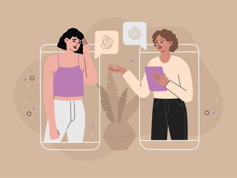 Illustration einer Frau, die bei einer Therapeutin Rat sucht. Beide sind jeweils vom Umriss eines Smartphones umgeben.