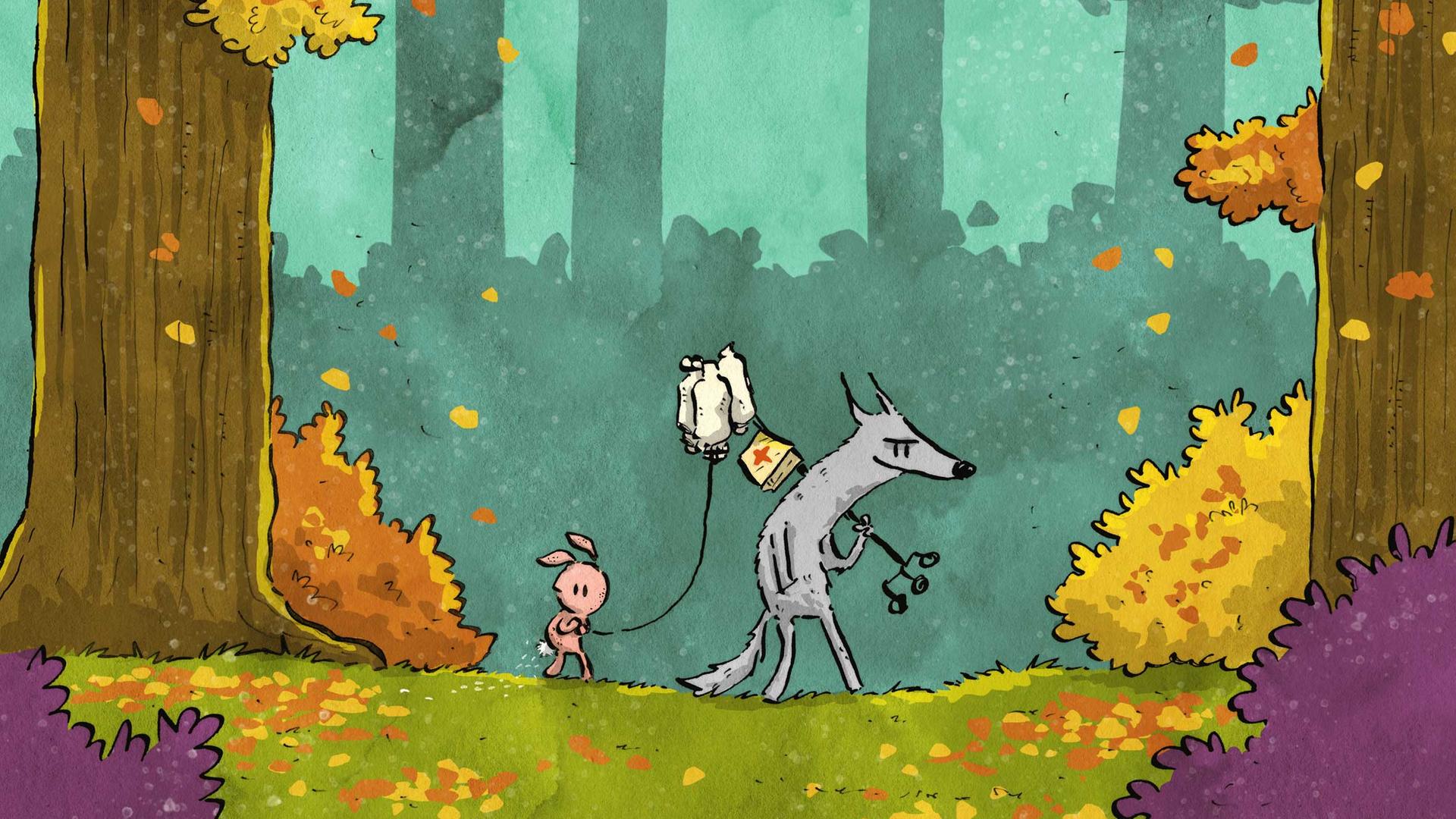 Seite aus dem Comic "Trip mit Tropf" von Josephine Mark. Zu sehen sind ein Hase mit einem Tropf sowie ein Wolf in einem Wald.