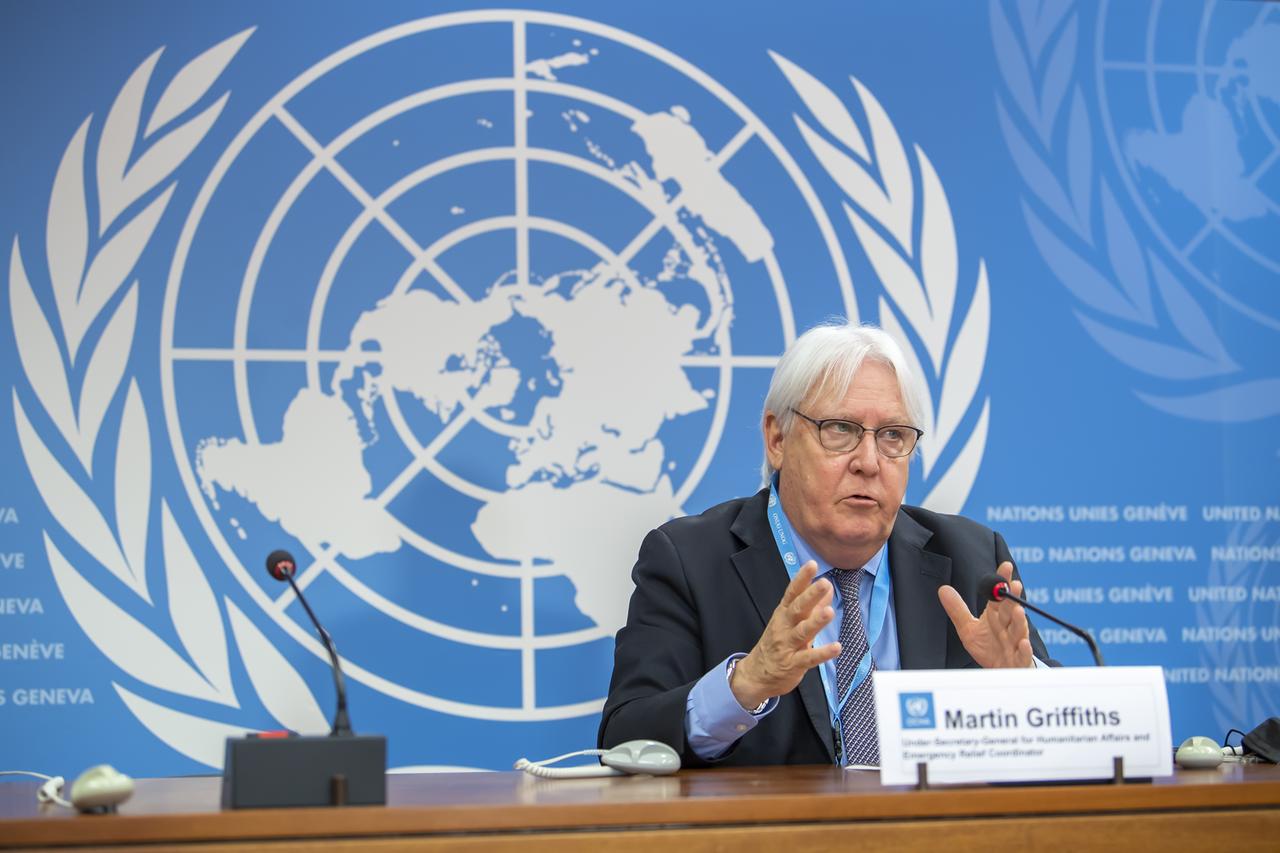 Martin Griffiths, UNO-Nothilfekoordinator, spricht während einer Pressekonferenz am europäischen Hauptsitz der Vereinten Nationen (UNO). 