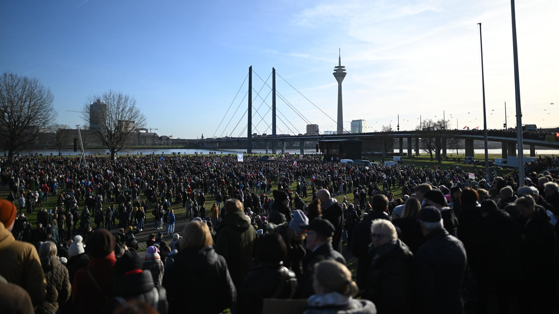 Eine große Menschenmenge steht auf den Wiesen am Rheinufer. Im Hintergrund zu sehen der Fernsehturm und die Rheinbrücke.