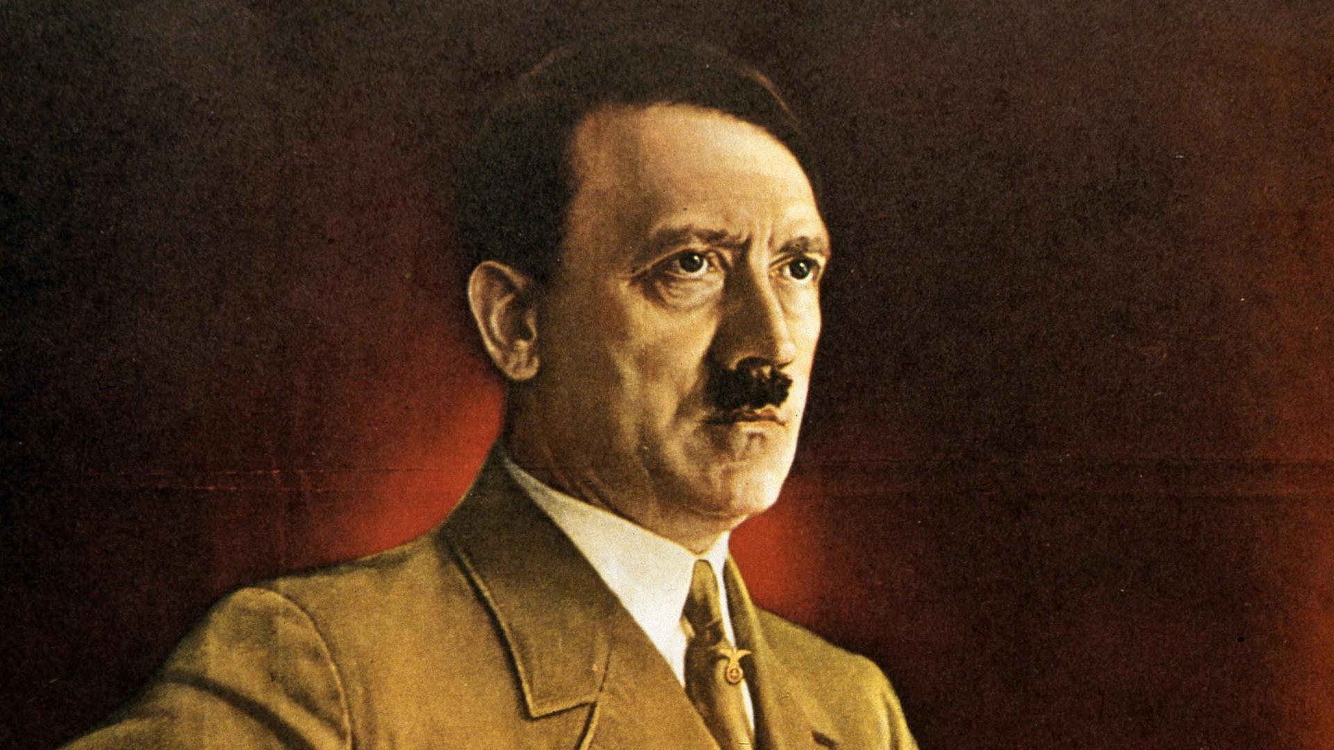 Ein historisches kolorierte Abbildung zeigt Adolf Hitler auf einem Plakat 1938. 