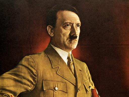 Eine historische kolorierte Abbildung zeigt Adolf Hitler auf einem Plakat 1938. 