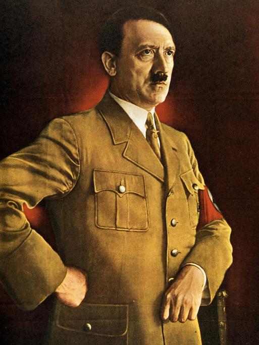 Eine historische kolorierte Abbildung zeigt Adolf Hitler auf einem Plakat 1938. 