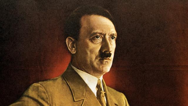 Eine historische kolorierte Abbildung zeigt Adolf Hitler auf einem Plakat 1938. 