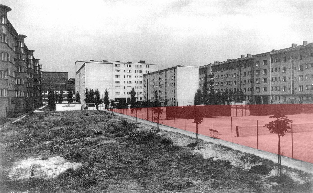 WOGA-Innenhof mit Tennisplätzen, am Kurfürstendamm in Berlin (1932)