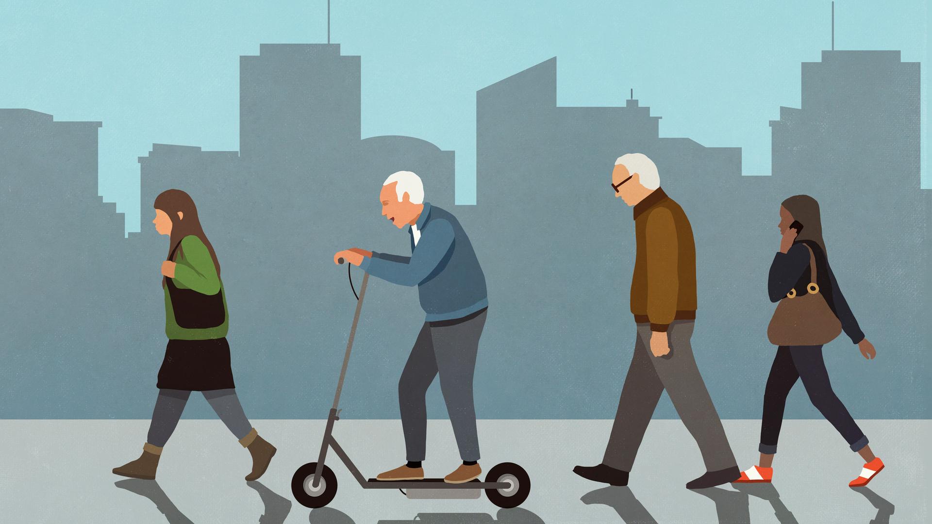 Illustration von vier Personen, darunter zwei Rentner