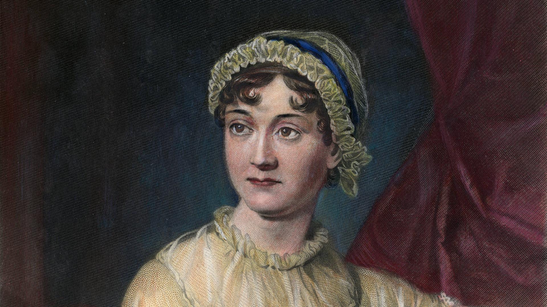 Kolorierter Stahlstich aus dem 19. Jahrhundert zeigt die englische Schriftstellerin JANE AUSTEN 1775–1817.
