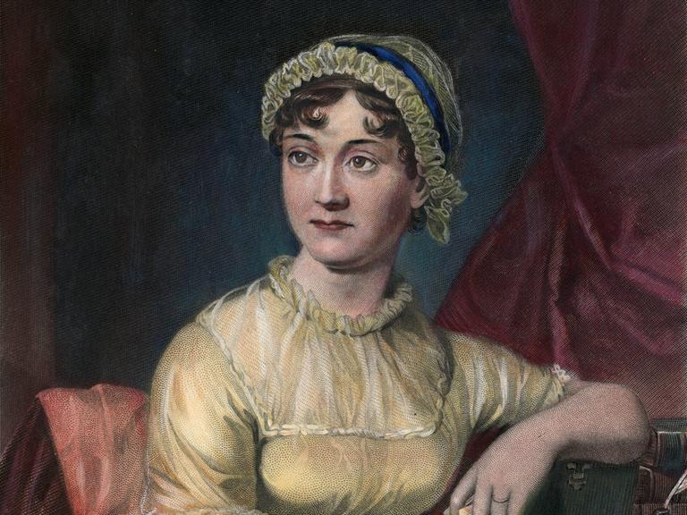 Kolorierter Stahlstich aus dem 19. Jahrhundert zeigt die englische Schriftstellerin JANE AUSTEN 1775–1817.