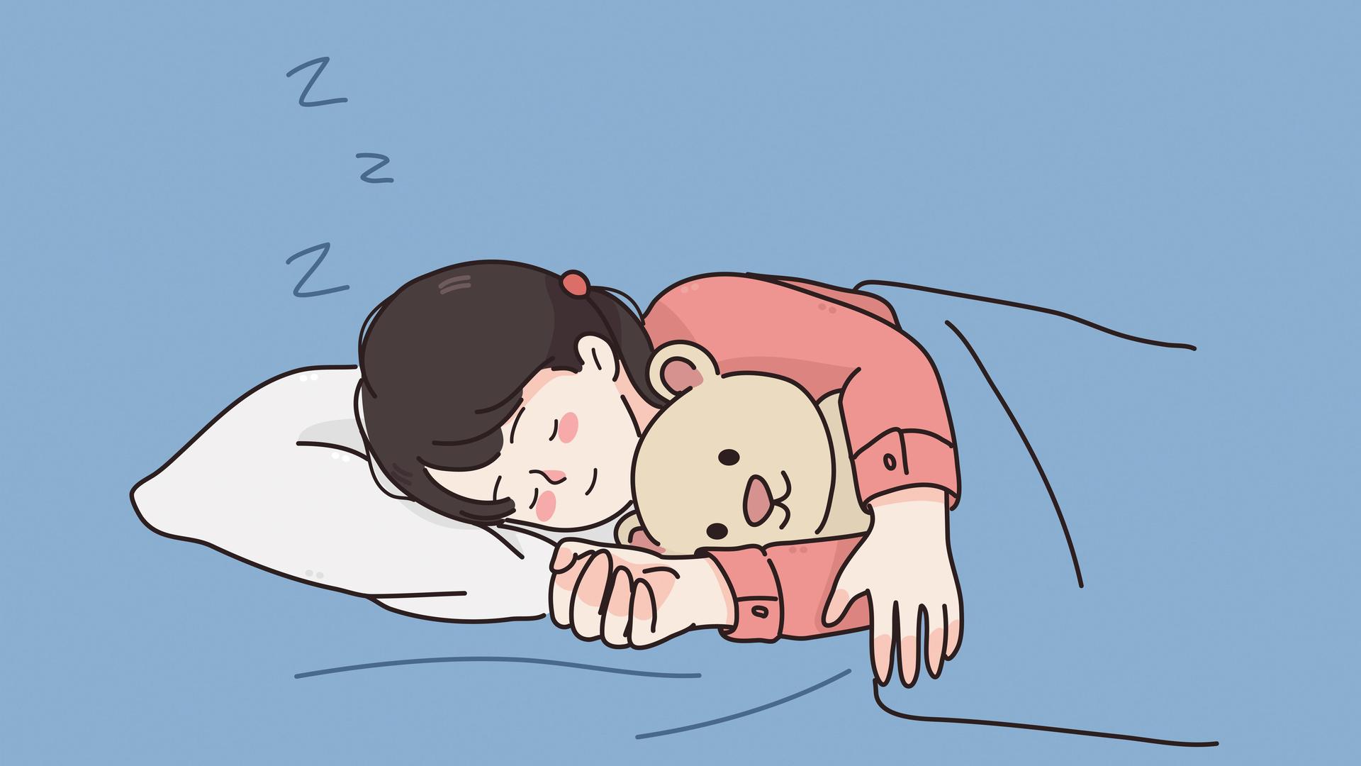 Ein  Mädchen schläft auf dieser Illustration mit einem Teddybär im Bett.