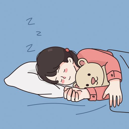 Ein  Mädchen schläft auf dieser Illustration mit einem Teddybär im Bett.