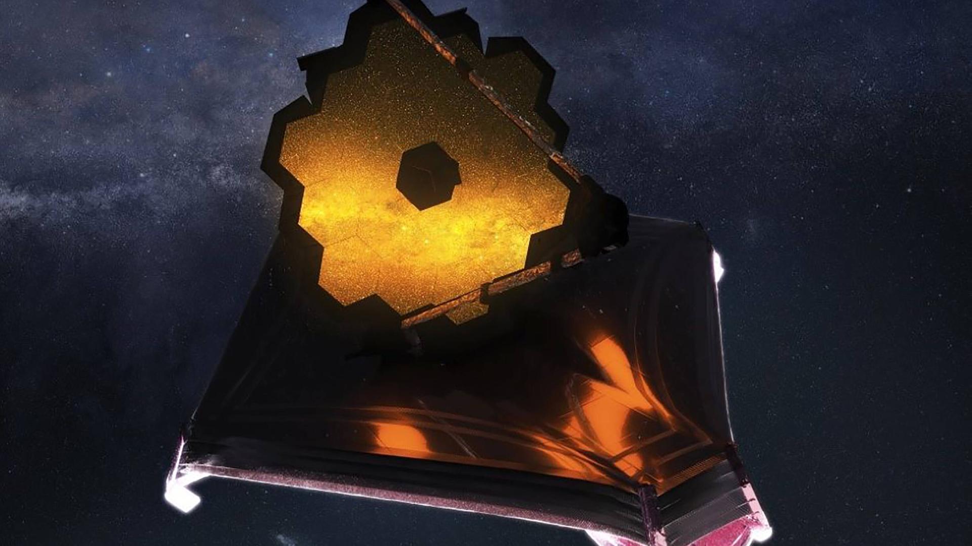 Eine künstlerische Darstellung des vollständig ausgeklappten James-Webb-Space-Teleskop im Weltraum Eine künstlerische Darstellung des vollständig ausgeklappten James-Webb-Space-Teleskop im Weltraum