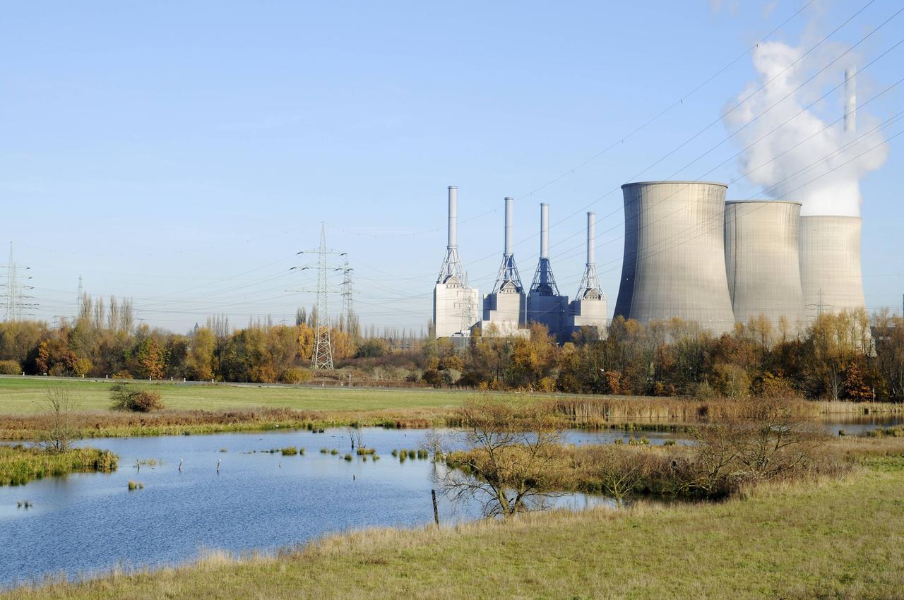 Ein Kraftwerk mit mehrere dampfenden Türmen, gelegen in einem Naturschutzgebiet im Kreis Lippe. 