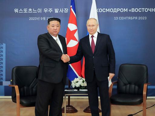 Auf diesem von der nordkoreanischen Regierung zur Verfügung gestellten Foto schütteln sich der nordkoreanische Staatschef Kim Jong Un (links) und der russische Präsident Wladimir Putin die Hände.