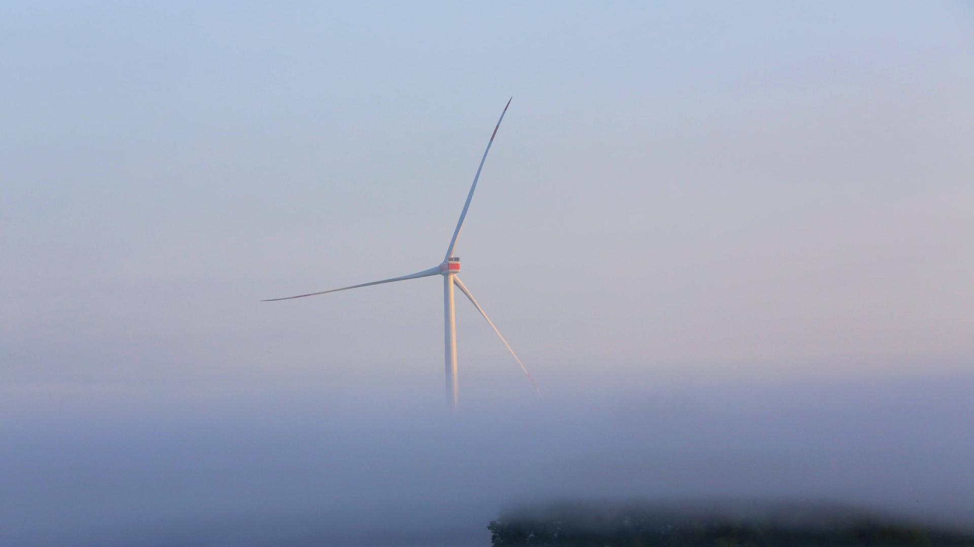 Blick unweit von Dummerstorf, Landkreis Rostock, auf ein Windrad im Frühnebel. 