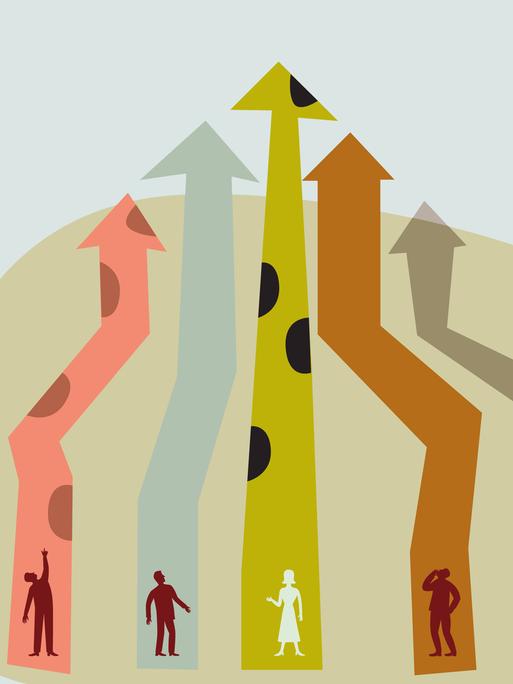 Illustration von Menschen, die in bunten Pfeilen stehen, welche sich nach oben ragen.