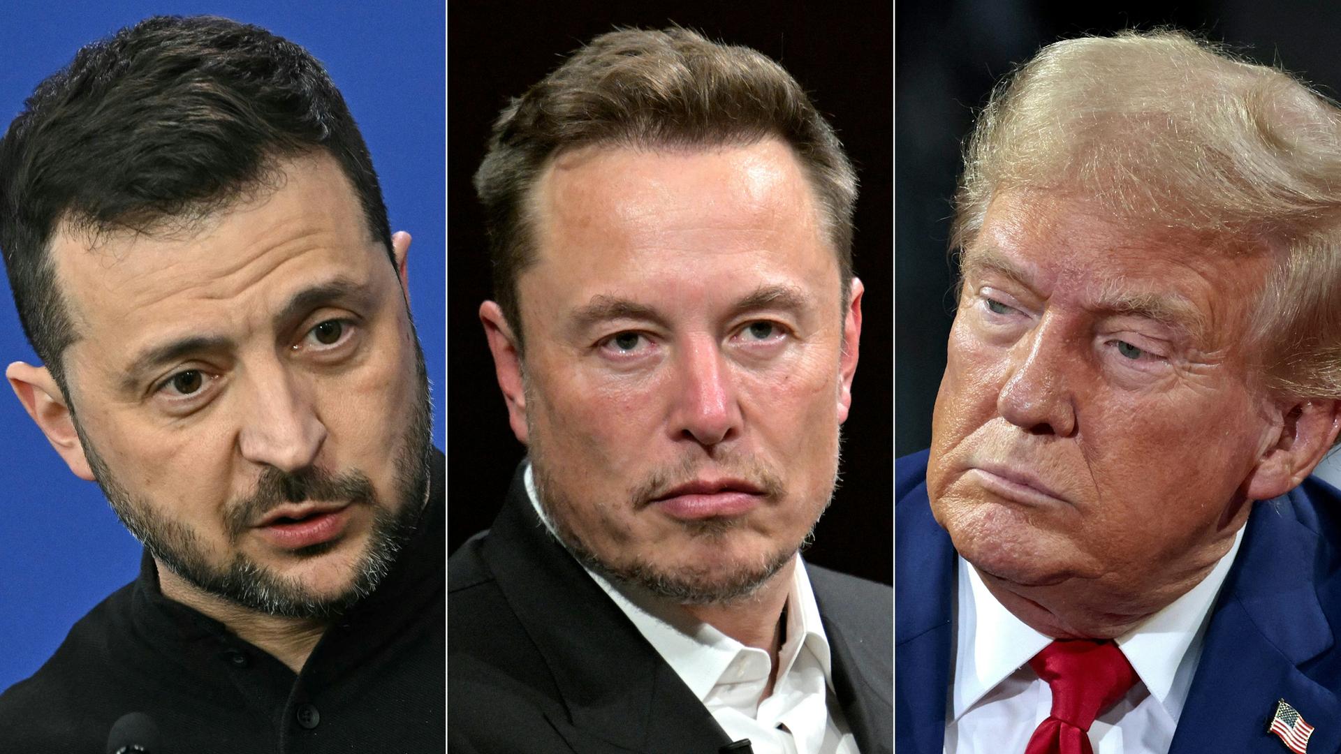 Collage der drei Porträts von Selenskyj, Musk und Trump Collage der drei Porträts von Selenskyj, Musk und Trump