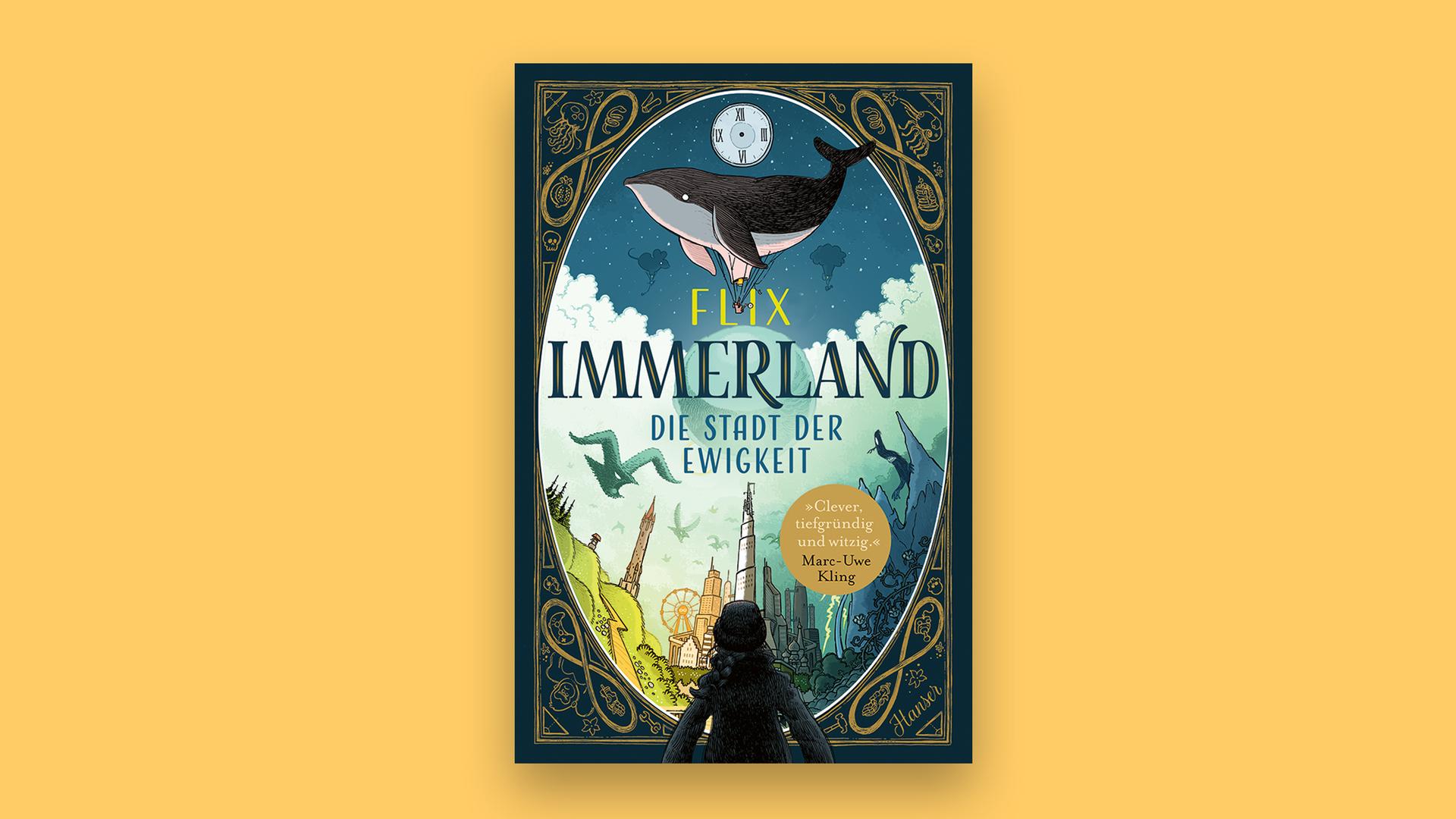 Das Cover des Comic "Immerland" von Flix zeigt eine Person, die auf eine schräge Welt mit Häusern und einem Riesenrad schaut. Über allen schwebt ein Wal. Das Cover des Comic "Immerland" von Flix zeigt eine Person, die auf eine schräge Welt mit Häusern und einem Riesenrad schaut. Über allen schwebt ein Wal.