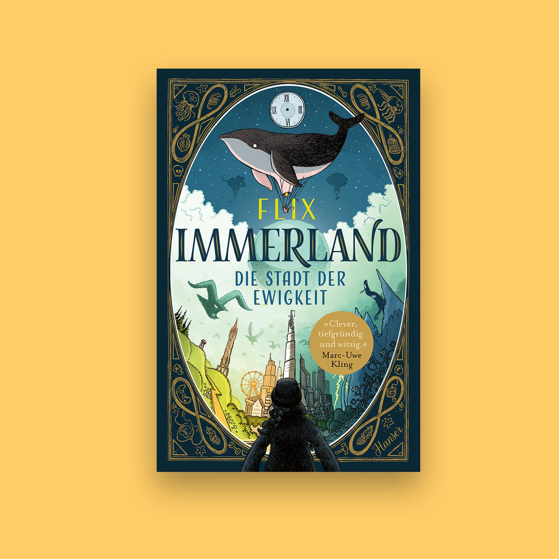 Das Cover des Comic "Immerland" von Flix zeigt eine Person, die auf eine schräge Welt mit Häusern und einem Riesenrad schaut. Über allen schwebt ein Wal. 