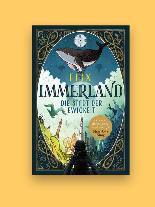 Das Cover des Comic "Immerland" von Flix zeigt eine Person, die auf eine schräge Welt mit Häusern und einem Riesenrad schaut. Über allen schwebt ein Wal. 