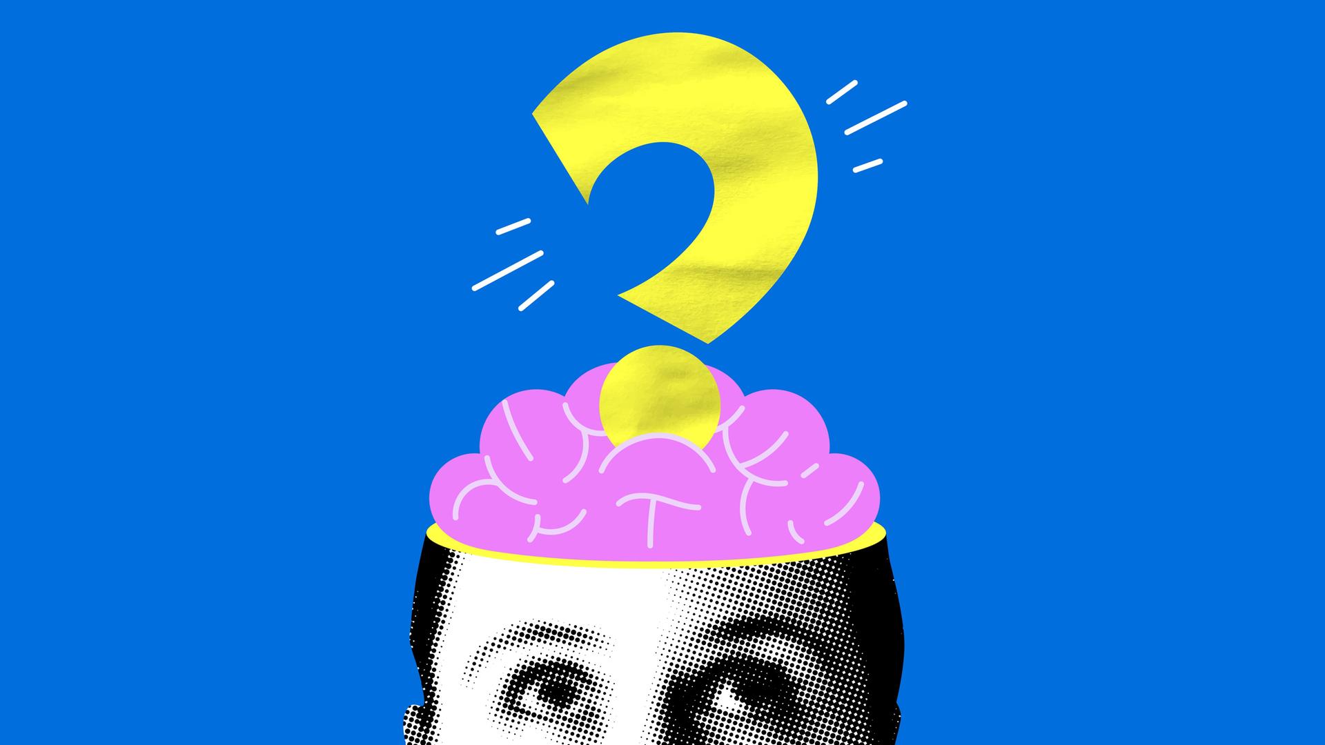 Moderne Collage mit menschlichem Kopf, Gehirn, Fragezeichen. Verwirrte Frau betrachtet Fragezeichen.