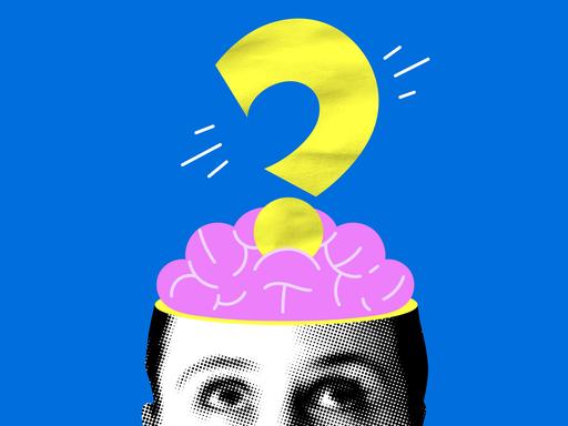 Moderne Collage mit menschlichem Kopf, Gehirn, Fragezeichen. Verwirrte Frau betrachtet Fragezeichen.