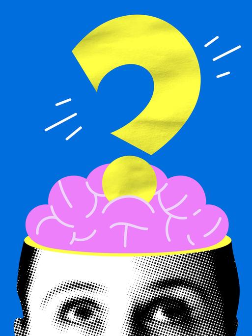 Moderne Collage mit menschlichem Kopf, Gehirn, Fragezeichen. Verwirrte Frau betrachtet Fragezeichen.