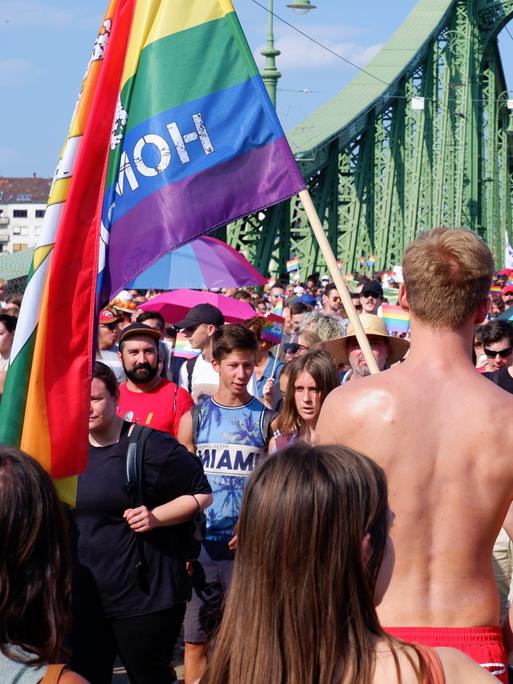 Teilnehmende der Pride-Parade gehen in Budapest über ein Brücke. Ein Mann geht mit nacktem Oberkörper und trägt eine bunte Pride-Flaggen.