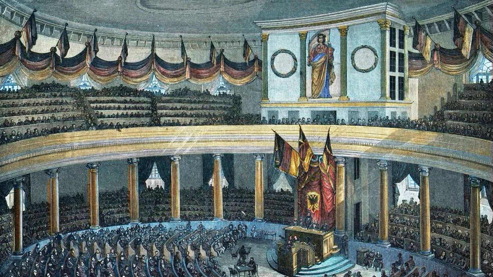 Die Frankfurter Nationalversammlung im Mai 1848. Zeitgenössischer, kolorierter Holzschnitt