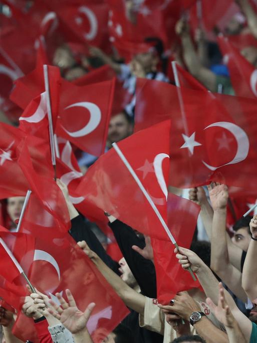 Türkische Fans mit Fahnen beim EM-Qualifikationsspiel gegen Wales in Samsun im Juni 2023