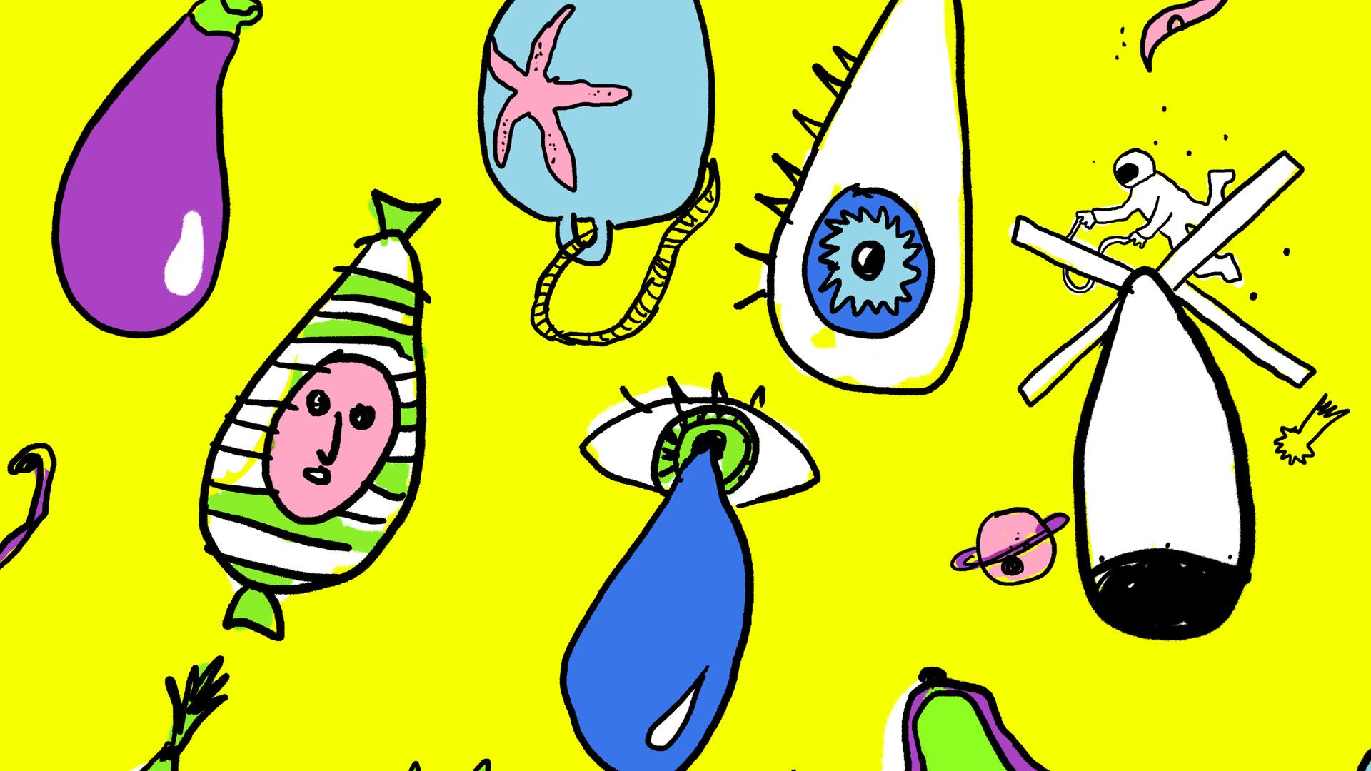 Illustration bunter doku drops vor gelbem Hintergrund. Illustration bunter doku drops vor gelbem Hintergrund.
