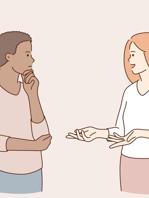 Ein junges Paar, Frau und Mann, reden über Dinge und diskutieren über Probleme (Illustration)